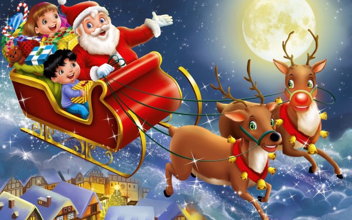 Открытка Санта клаус с детьми на оленях - картинки, открытки с  поздравлениями